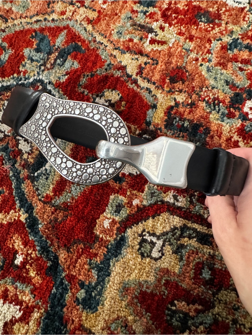 Chicos vintage leather silver pebbled hook eye belt